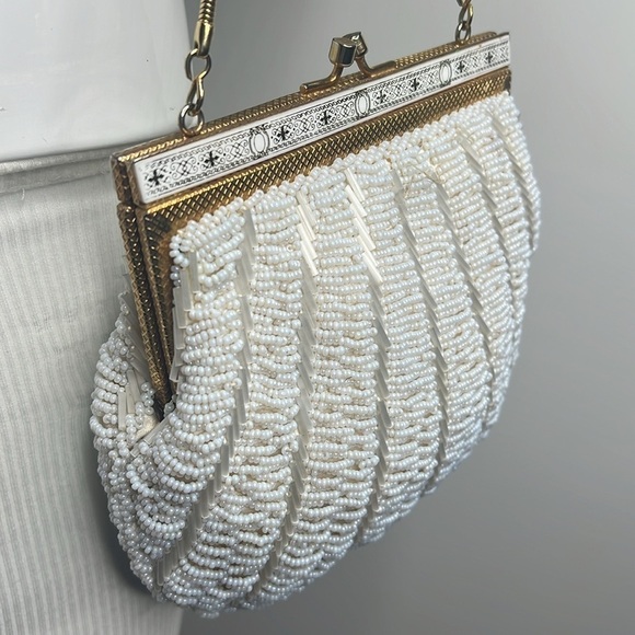 Vintage White Glass Beaded Enamel Frame Evening Handbag - Picture 2 of 6